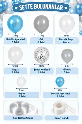 Mavi Gümüş Beyaz Balon Zinciri Seti Konsept 6