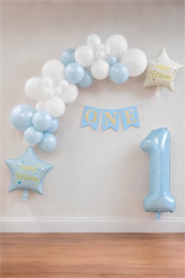 Mavi ONE 1 Yaş Doğum Günü Parti Seti – Beyaz ve Mavi Balon Süsleme Seti