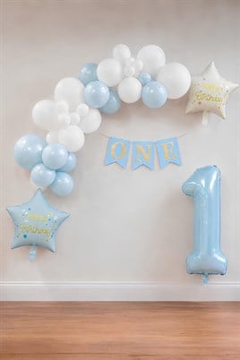 Mavi ONE 1 Yaş Doğum Günü Parti Seti – Beyaz ve Mavi Balon Süsleme Seti