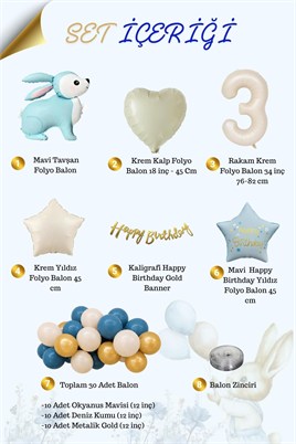 Mavi Tavşan Temalı 3 Yaş Doğum Günü Balon Seti