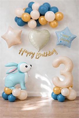 Mavi Tavşan Temalı 3 Yaş Doğum Günü Balon Seti