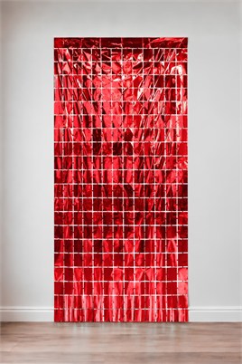 Metalize Arka Fon Kırmızı Pötikare Kapı Perdesi 100x200 cm
