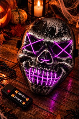 Mor Neon Işıklı Kurukafa Maskesi – Cadılar Bayramı Halloween Korku Maskesi