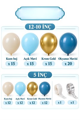 Okyanus Mavi, Deniz Kumu ve Krom Gold Temalı  115 Adet Balon Zincir Set