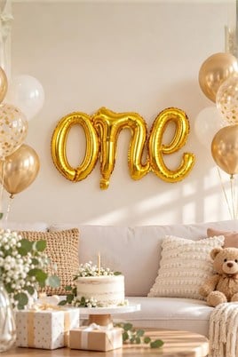 One Gold Folyo Balon - Bebek Çocuk Parti Kutlama Seti 