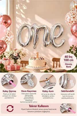 One Gümüş Folyo Balon - Bebek Çocuk Parti Kutlama Seti 