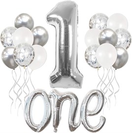 One Gümüş Folyo Balon - Bebek Çocuk Parti Kutlama Seti 