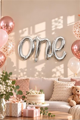 One Gümüş Folyo Balon - Bebek Çocuk Parti Kutlama Seti 