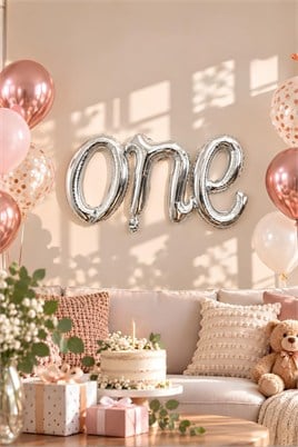 One Gümüş Folyo Balon - Bebek Çocuk Parti Kutlama Seti 