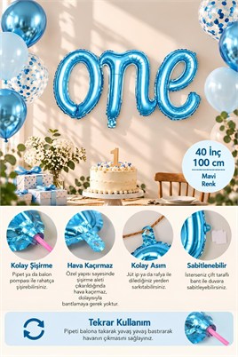 One Mavi Folyo Balon - Bebek Çocuk Parti Kutlama Seti 