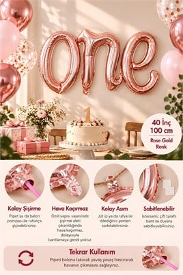 One Rose Gold Folyo Balon - Bebek Çocuk Parti Kutlama Seti 