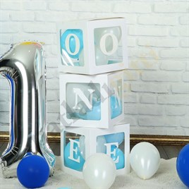 One Yazılı Beyaz Kutu ve Balon Seti Erkek Bebek 1 Yaş Doğum Günü Kutlama