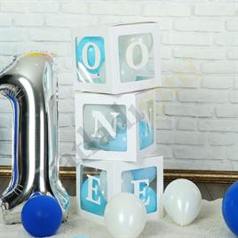 One Yazılı Beyaz Kutu ve Balon Seti Erkek Bebek 1 Yaş Doğum Günü Kutlama