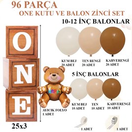 Oyuncak Ayı Temalı 1 Yaş Doğum Günü Seti; Ahşap Görünümlü One Kutu, Ayıcık Folyo Ve Retro Balon Zincir Set