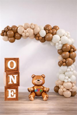Oyuncak Ayı Temalı 1 Yaş Doğum Günü Seti; Ahşap Görünümlü One Kutu, Ayıcık Folyo Ve Retro Balon Zincir Set