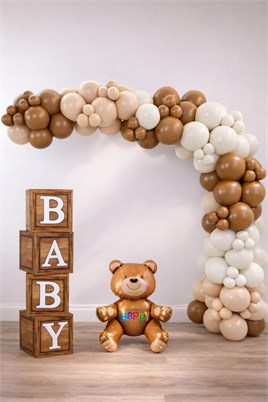 Oyuncak Ayı Temalı Baby Shower Set; Ahşap Görünümlü Baby Kutu, Ayıcık Folyo Ve Retro Balon Zincir Set