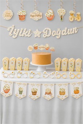 Papatya Temalı Doğum Günü Parti Seti– İyi Ki Doğdun Banner, Tavan Sarkıt, Gözlük, Pasta Süsü ve Mısır Kutusu