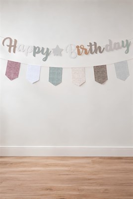 Pastel Bohem Happy Birthday Banner Seti – Ekose Flama Süslü Doğum Günü Dekorasyonu
