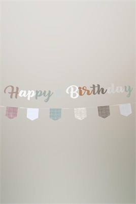 Pastel Bohem Happy Birthday Banner Seti – Ekose Flama Süslü Doğum Günü Dekorasyonu