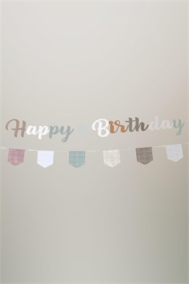 Pastel Bohem Happy Birthday Banner Seti – Ekose Flama Süslü Doğum Günü Dekorasyonu