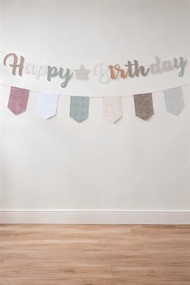 Pastel Bohem Happy Birthday Banner Seti – Ekose Flama Süslü Doğum Günü Dekorasyonu