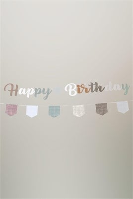 Pastel Bohem Happy Birthday Banner Seti – Ekose Flama Süslü Doğum Günü Dekorasyonu
