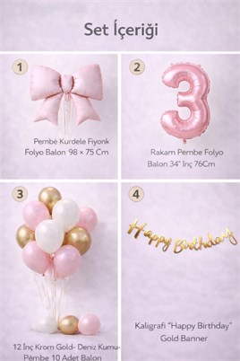 Pembe Fiyonk 3 Yaş Doğum Günü Balon Seti