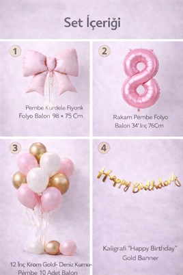 Pembe Fiyonk 8 Yaş Doğum Günü Balon Seti