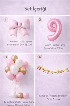 Pembe Fiyonk 9 Yaş Doğum Günü Balon Seti