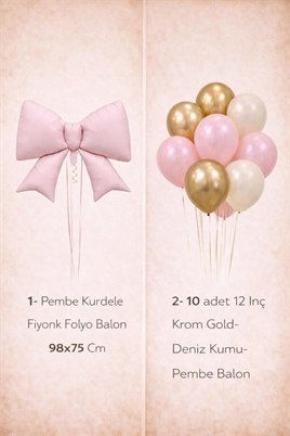 Pembe Fiyonk Folyo Balon Seti – Gold & Pembe Lateks Balonlu