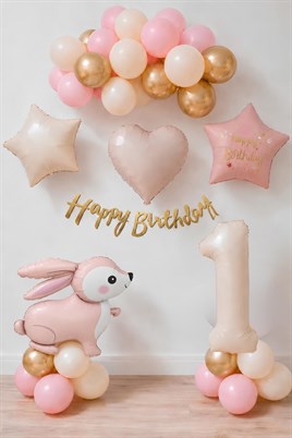 Pembe Tavşanlı 1 Yaş Doğum Günü Balon Seti