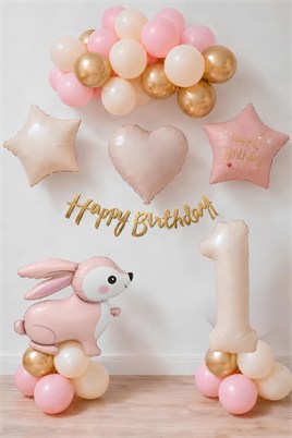 Pembe Tavşanlı 1 Yaş Doğum Günü Balon Seti