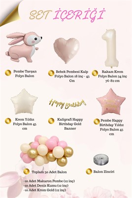 Pembe Tavşanlı 1 Yaş Doğum Günü Balon Seti