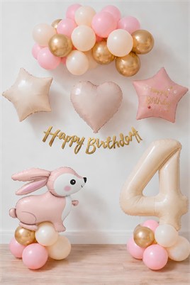 Pembe Tavşanlı 4 Yaş Doğum Günü Balon Seti