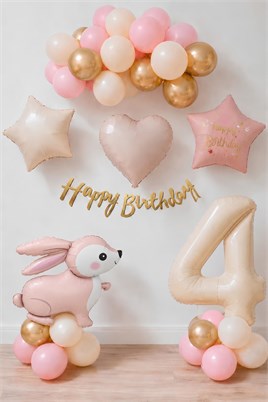 Pembe Tavşanlı 4 Yaş Doğum Günü Balon Seti