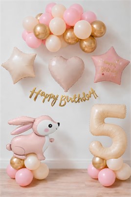 Pembe Tavşanlı 5 Yaş Doğum Günü Balon Seti