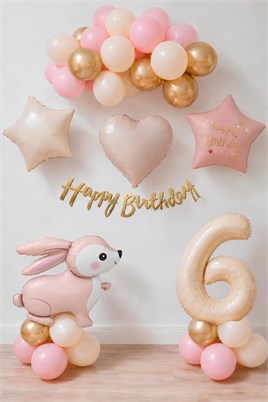 Pembe Tavşanlı 6 Yaş Doğum Günü Balon Seti
