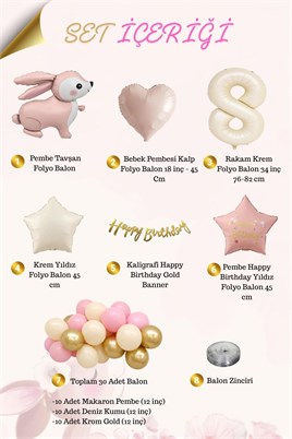 Pembe Tavşanlı 8 Yaş Doğum Günü Balon Seti
