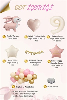 Pembe Tavşanlı 9 Yaş Doğum Günü Balon Seti