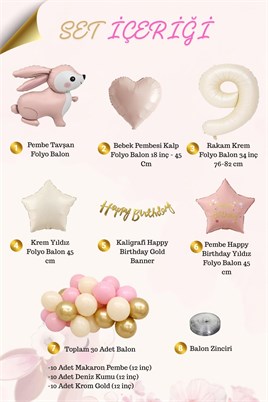 Pembe Tavşanlı 9 Yaş Doğum Günü Balon Seti