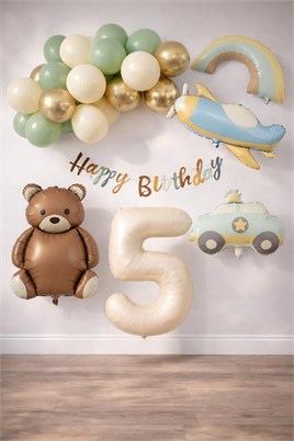 Retro 5 Yaş Doğum Günü Seti; Uçak, Araba, Gökkuşağı, Ayıcık ve 20 Adet Lateks Balon Set