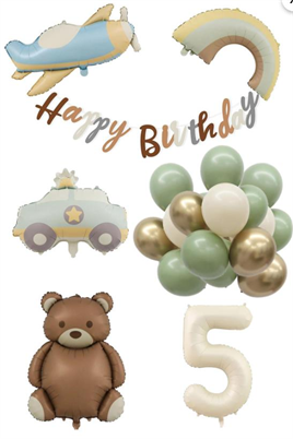 Retro 5 Yaş Doğum Günü Seti; Uçak, Araba, Gökkuşağı, Ayıcık ve 20 Adet Lateks Balon Set
