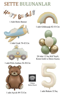 Retro 5 Yaş Doğum Günü Seti; Uçak, Araba, Gökkuşağı, Ayıcık ve 20 Adet Lateks Balon Set