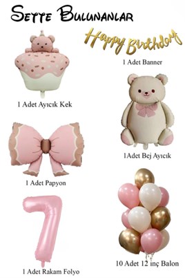 Retro 7 Yaş Ayıcık Tempalı  Kız Bebek Konset Doğum Günü Seti