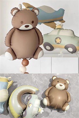 Retro Folyo Balon 4 Lü Set; Uçak, Araba, Gökkuşağı ve Ayıcık