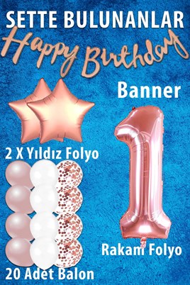 Rose Gold Konsept 1 Yaş Doğum Günü Kutlama Seti; Beyaz Gold Konfetili Balon, Rakam Yıldız Folyo ve Banner