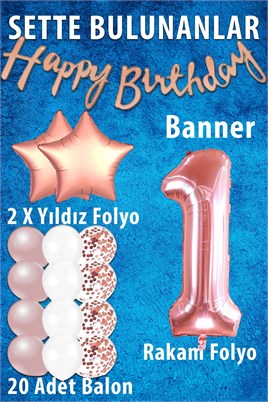 Rose Gold Konsept 1 Yaş Doğum Günü Kutlama Seti; Beyaz Gold Konfetili Balon, Rakam Yıldız Folyo ve Banner