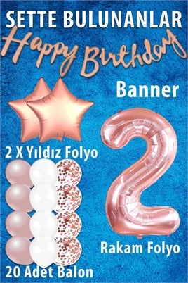 Rose Gold Konsept 2 Yaş Doğum Günü Kutlama Seti; Beyaz Gold Konfetili Balon, Rakam Yıldız Folyo ve Banner