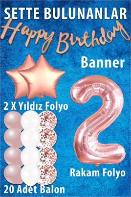 Rose Gold Konsept 2 Yaş Doğum Günü Kutlama Seti; Beyaz Gold Konfetili Balon, Rakam Yıldız Folyo ve Banner