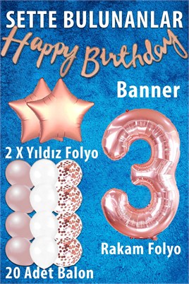 Rose Gold Konsept 3 Yaş Doğum Günü Kutlama Seti; Beyaz Gold Konfetili Balon, Rakam Yıldız Folyo ve Banner
